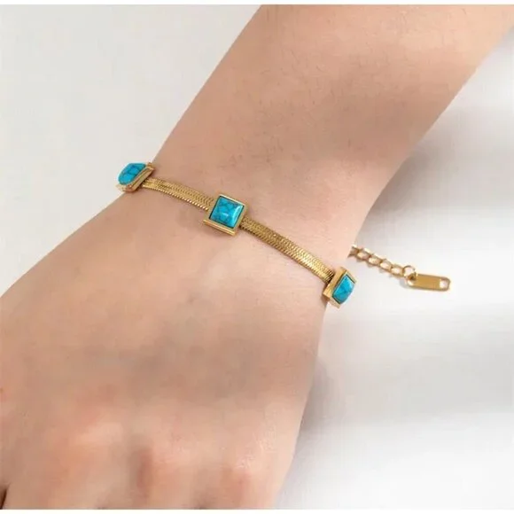 18K Gold Plated herringbone Turquoise Necklace Set Stainless Steel jewelry - Picture 7 of 9